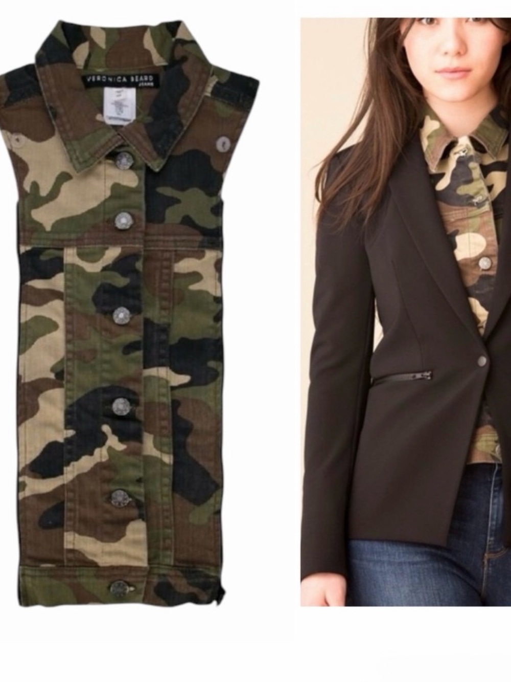 $248 Veronica Beard Slate Dickey Jacket insert Camo black tan green Denim 00-14